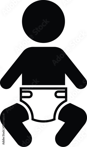 Minimalist black silhouette icon of a baby wearing a diaper, symbolizing infancy and care