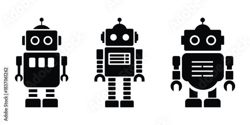 Three black silhouette style robots standing side by side