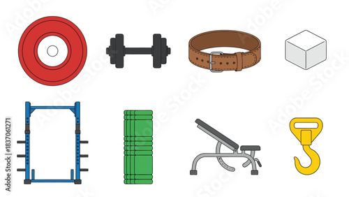 Fitness and Weightlifting Equipment Icons Set Powerlifting Gym Training and Workout Gear Collection
