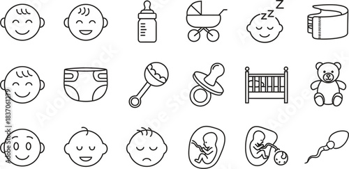 Collection of line icons depicting various baby items, early life stages, and parenthood concepts