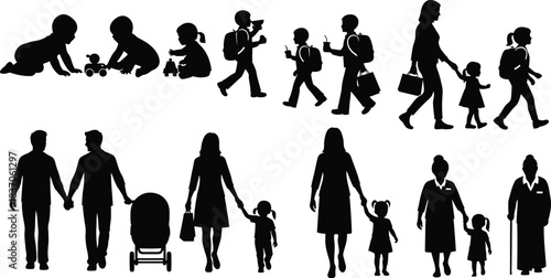 Various black silhouettes illustrate different stages of human life and family dynamics