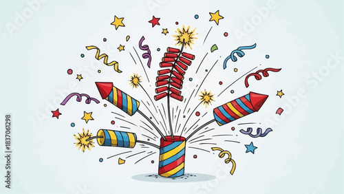 Colorful Hand Drawn Firecrackers and Confetti Exploding in Celebration.
