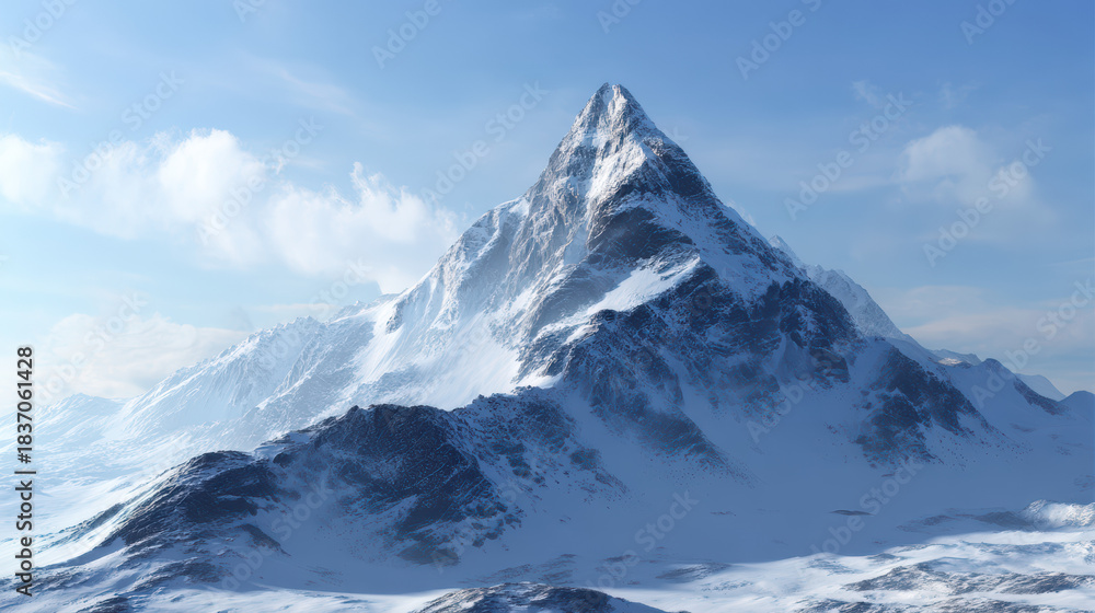Fototapeta premium Majestic snow covered mountain peak rises dramatically against a clear blue sky with scattered clouds casting shadows creating a scenic landscape view.