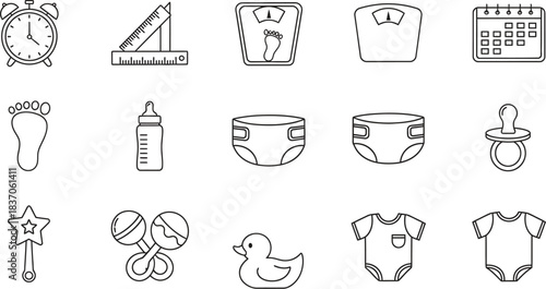 Comprehensive collection of line art icons for baby care, newborn essentials, and infant development