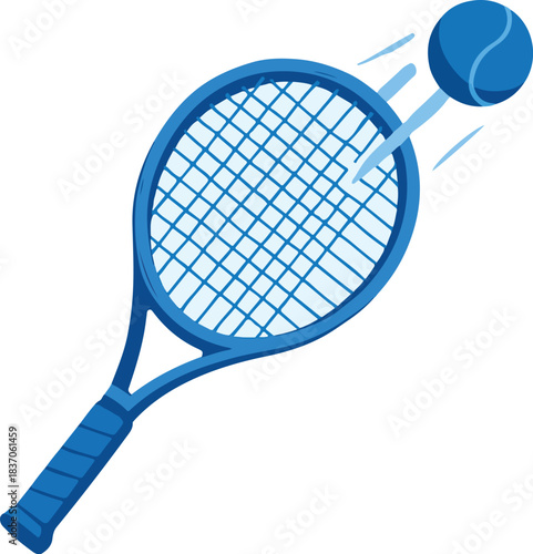 Blue tennis racket hitting a blue tennis ball sport