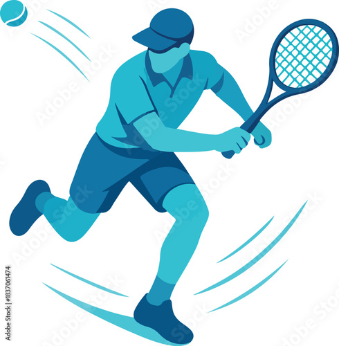 Blue toned tennis player in action on white background