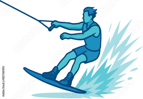 Blue wakeboarder splashing water Keywords: wakeboarding, wakeboarder, water sport, extreme sport