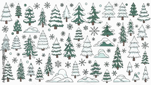 Hand Drawn Christmas Tree and Snowflake Doodle Collection.