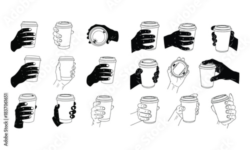 Diverse hands holding takeaway coffee cups in a monochrome line art illustration set.