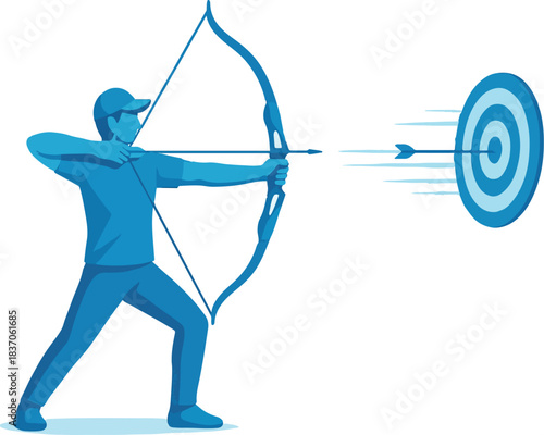 Blue archer shooting arrow at target with motion lines