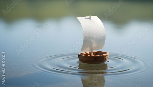 A small wooden toy boat with a white sail floats on calm water, creating gentle ripples, with blurred reflections in the background.