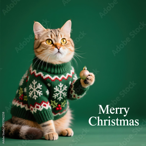 Tabby cat wearing a green ugly Christmas sweater and holding a small gold ornament
