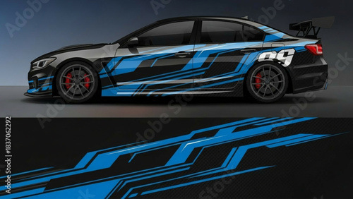 Racing car with vibrant green and dark green geometric graphic wrap design and separate pattern strip.