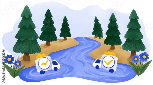 River landscape with pine trees flower decorations in clay style