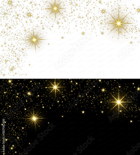 Set of Gold Glitter Star and Particle Trails on Separate Black and Transparent Backgrounds