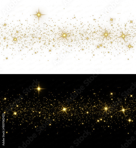 Set of Gold Glitter Star and Particle Trails on Separate Black and Transparent Backgrounds