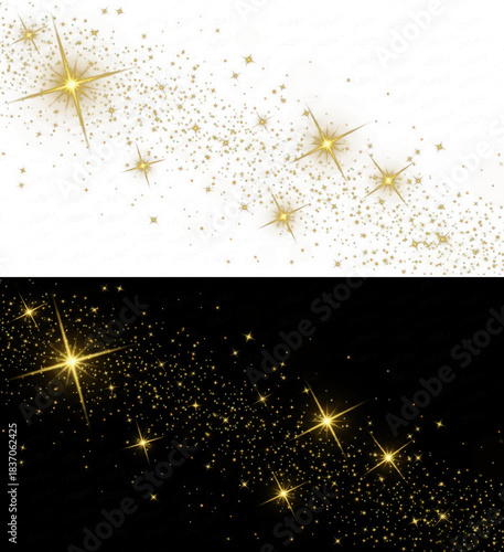 Set of Gold Glitter Star and Particle Trails on Separate Black and Transparent Backgrounds