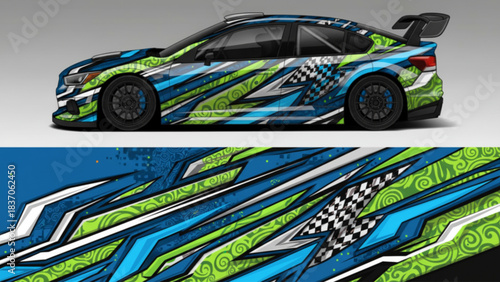 A dynamic racing car with a vibrant blue and green abstract graphic wrap design, showcasing speed and modern style.