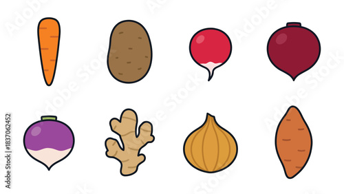 Set of 8 Root Vegetable Icons Isolated on White Background Healthy Food Organic Ingredients Kitchen and Culinary Graphics