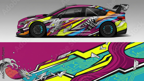 A vibrant racing car with a futuristic graphic wrap featuring a dragon, circuit patterns, and abstract shapes.