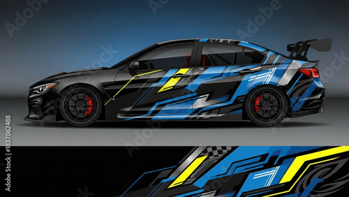 Sleek sports car with vibrant blue and yellow graphic racing livery.