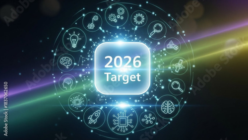 2026 Target: The digital realm shimmers with strategic planning, showcasing the clear objective for 2026, surrounded by interconnected icons. It's a vision of the future, a focus on technology.