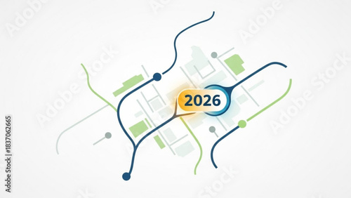 Cityscape roadmap: The illustration presents a detailed city map highlighting the path. The artwork represents a vision for the future, centered around the year 2026. This dynamic.