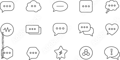 Chat messages line icons set showing speech bubbles, thinking cloud, social communication, notifications, text conversation symbols for digital communication