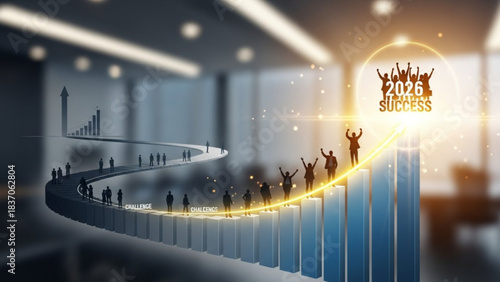 Vision of 2026 Success: A conceptual depiction of achieving goals, visualizing a determined group ascending a glowing path towards the beacon of victory in 2026.