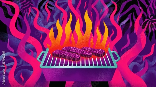 Abstract barbecue art with vibrant flames steaks