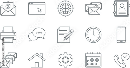Communication business icon set with email, phone, chat, printer, clock, calendar, contact book, home, settings and mobile device symbols
