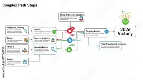 Complex Path Steps: A detailed diagram illustrating the complex path steps, highlighting research, resource acquisition, and campaign launch to achieve a successful outcome.