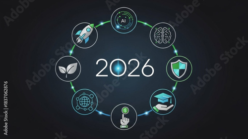 Vision for 2026: An intricate digital illustration presents a futuristic vision for the year 2026, showcasing interconnected icons symbolizing innovation, technology, and progress.