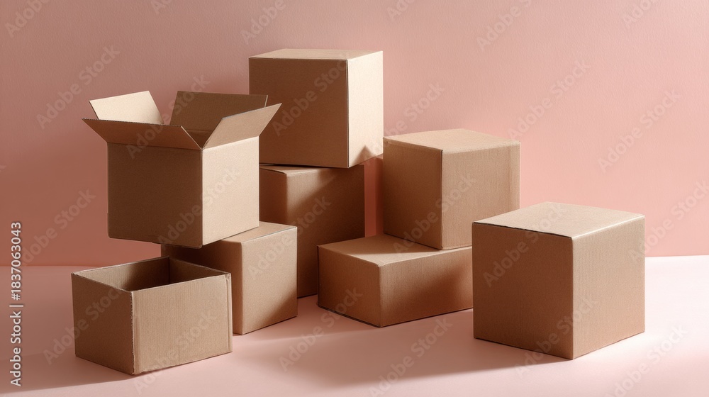 Fototapeta premium Cardboard boxes stacked and arranged on pink background for shipping packaging branding ecommerce photography presentation logistics product visual