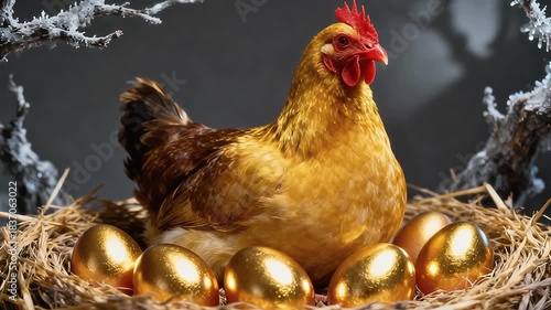 Hen carefully incubating golden eggs in a nest, symbolizing prosperity and fantasy, captured in soft natural light with detailed feathers, warm tones, and a magical, storybook atmosphere.