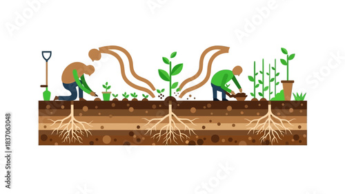 Deep-Rooted Investment Strategy: Business People Cultivating Long-Term Success and Sustainable Growth in Soil Cross Section
