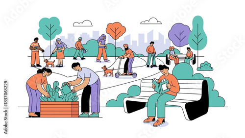 Modern Urban Lifestyle: Diverse Community Activities in a City Park Promoting Wellness and Sustainable Green Living