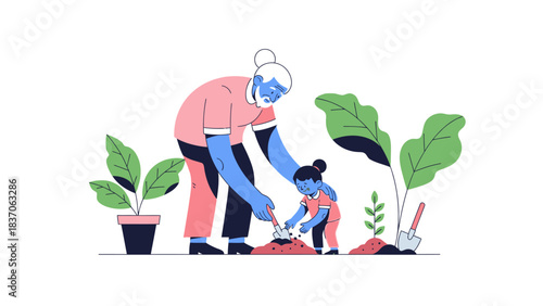 Legacy of Care: Grandparent and Grandchild Planting Together, Symbolizing Growth and Environmental Stewardship
