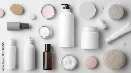 Flat lay of skincare containers and beauty tools on white background for cosmetic branding photography product display modern composition presentation