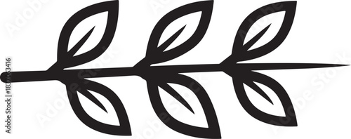 Black silhouette of a branch with three leaves on a white background Keywords: branch, leaves