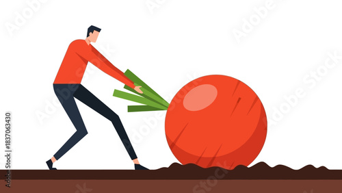 Demonstrating Extreme Effort: Man pulling oversized success reward from the challenging ground