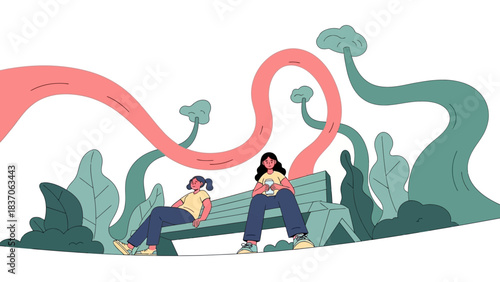 Authentic Moment of Relaxation and Serenity Between Two Young Friends on a Stylized Outdoor Break