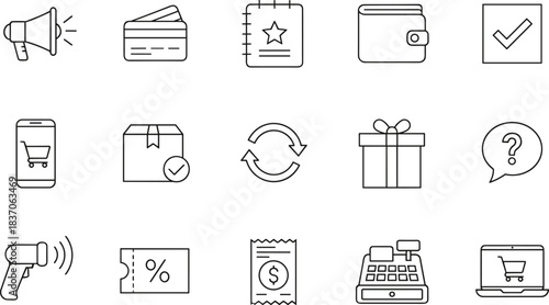 Ecommerce shopping line icons set showing payment, delivery box, barcode scan, discount coupon, gift reward, online cart, retail business symbols