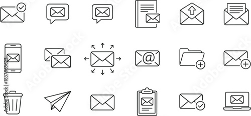 Email messaging icons set with envelope communication symbols, send mail, inbox folder, mobile notification, delete trash, laptop message, document attachment illustration