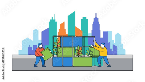 Urban Sustainability Team Installing Green Infrastructure Against City Skyline