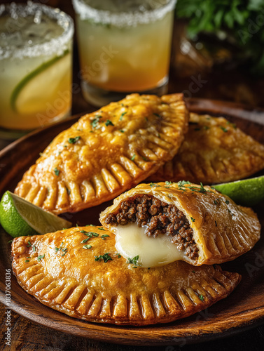 Empanadas filled with meat and cheese on a wooden plate
