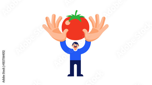 Excited Farmer Celebrating Abundant Sustainable Harvest with Giant Tomato Symbolizing Quality Yield