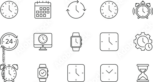 Minimal line time icons set with stopwatch, alarm clock, calendar, wristwatch, hourglass and countdown symbols for scheduling, deadline and management design