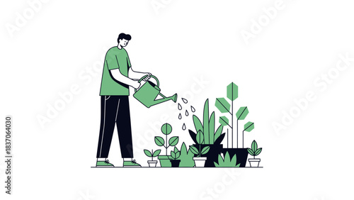 Nurturing Sustainable Business Growth: Focused Man Watering Plants as a Metaphor for Long-Term Investment and Development.