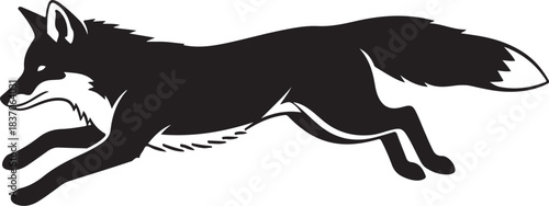Running fox silhouette on white background Keywords: fox, running, silhouette, black and white